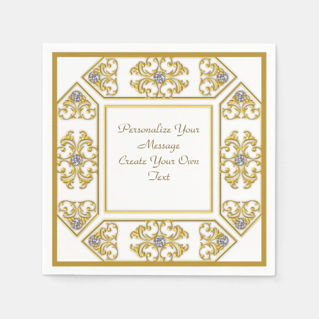 Elegant Gold Ornament Border Diamonds Personalise Napkin (Front)