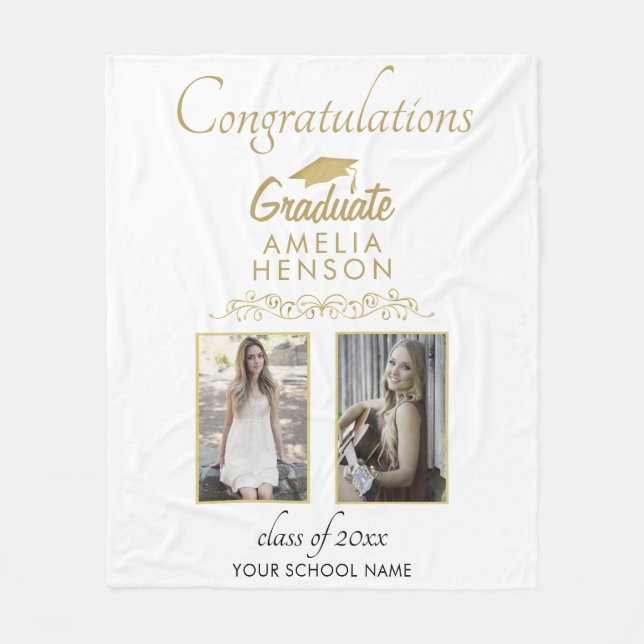 Elegant Gold Ornament Congratulations 2 Photo Grad Fleece Blanket (Front)