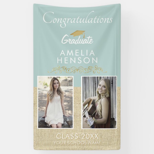 Elegant Gold Ornament Graduate 2 Photo Graduation Banner (Vertical)