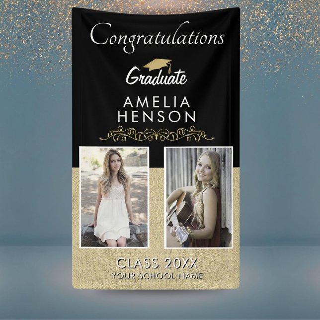 Elegant Gold Ornament Graduate 2 Photo Graduation Banner (Creator Uploaded)