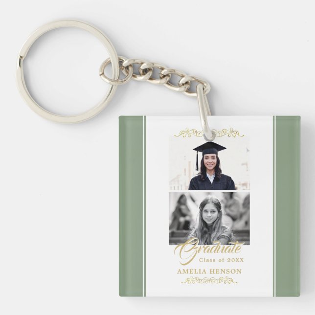 Elegant Gold Ornament Graduation Party 2 Photo  Key Ring (Front)
