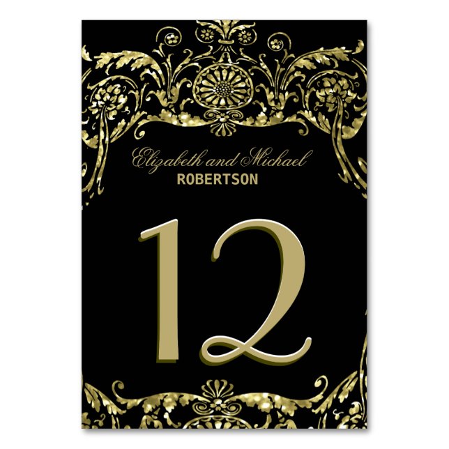 Elegant Gold Ornamental Black Background Table Number (Front)