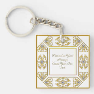 Elegant Gold Ornamental Border with Diamond Accent Key Ring