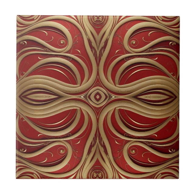Elegant Gold Ornamental Design on Red Background Tile (Front)