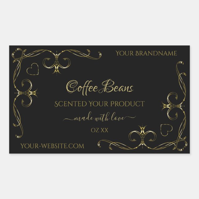 Elegant Gold Ornate Corners on Black Product Label (Front)