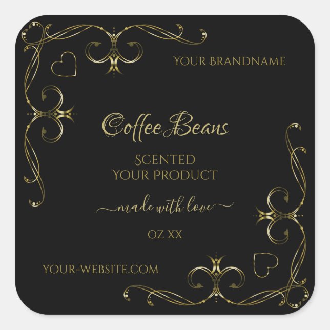 Elegant Gold Ornate Corners on Black Product Label (Front)