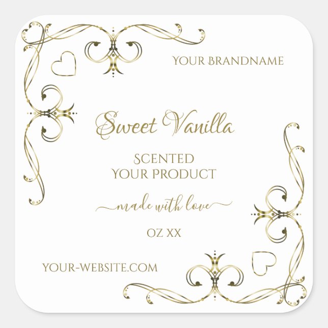 Elegant Gold Ornate Corners on White Product Label (Front)