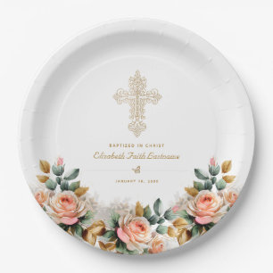 Elegant Gold Ornate Cross Floral Baptism Paper Plate