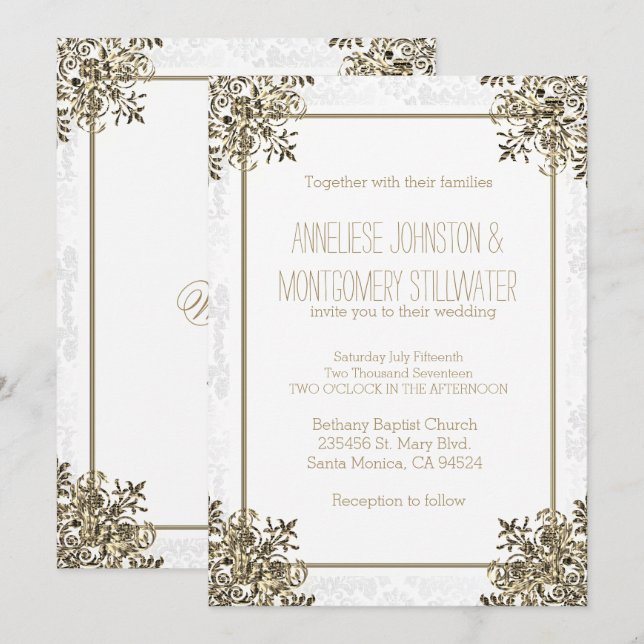 Elegant Gold Ornate Design on White Damask Invitation (Front/Back)