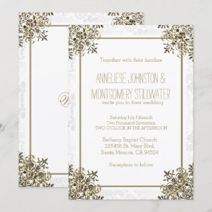 Elegant Gold Ornate Design on White Damask Invitation