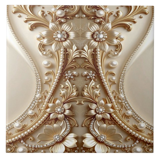 Elegant Gold Ornate Floral Ceramic Tile (Front)