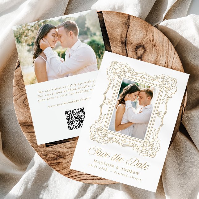 Elegant Gold Ornate Frame 2 Photo QR Code Wedding Save The Date (Creator Uploaded)