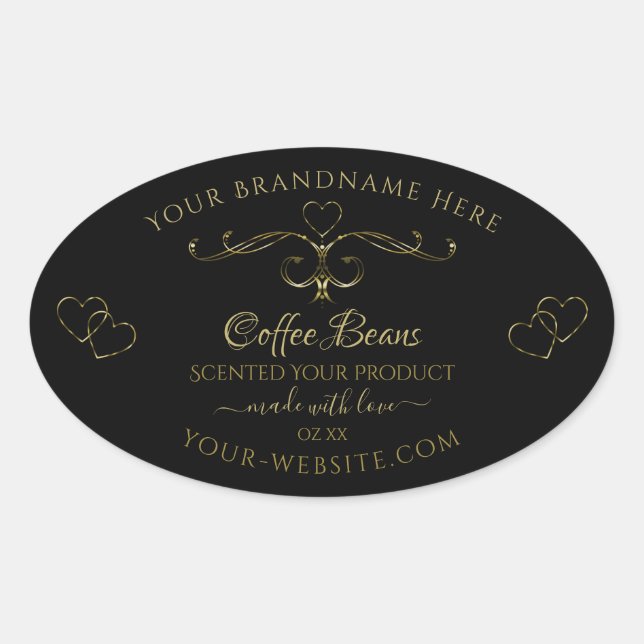 Elegant Gold Ornate Hearts on Black Product Labels (Front)