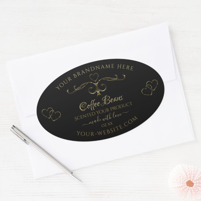 Elegant Gold Ornate Hearts on Black Product Labels (Envelope)