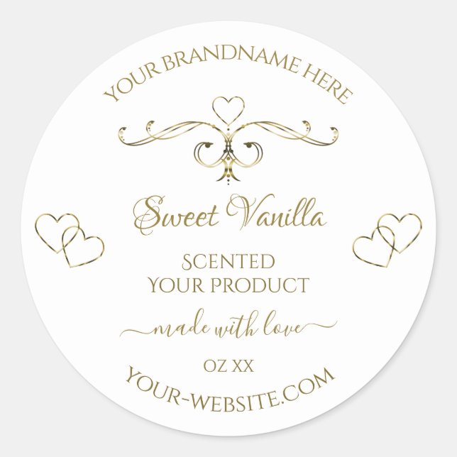 Elegant Gold Ornate Hearts on White Product Labels (Front)