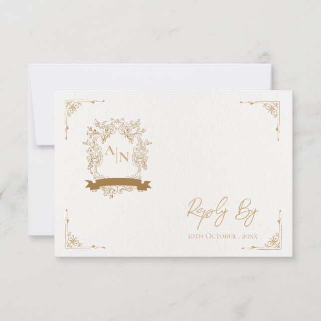 Elegant Gold Ornate Intricate Monogram Wedding RSVP Card (Front)