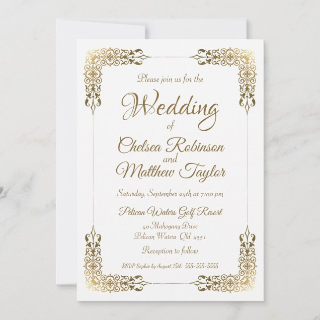 Elegant Gold Ornate Lace Wedding Invitation (Front)