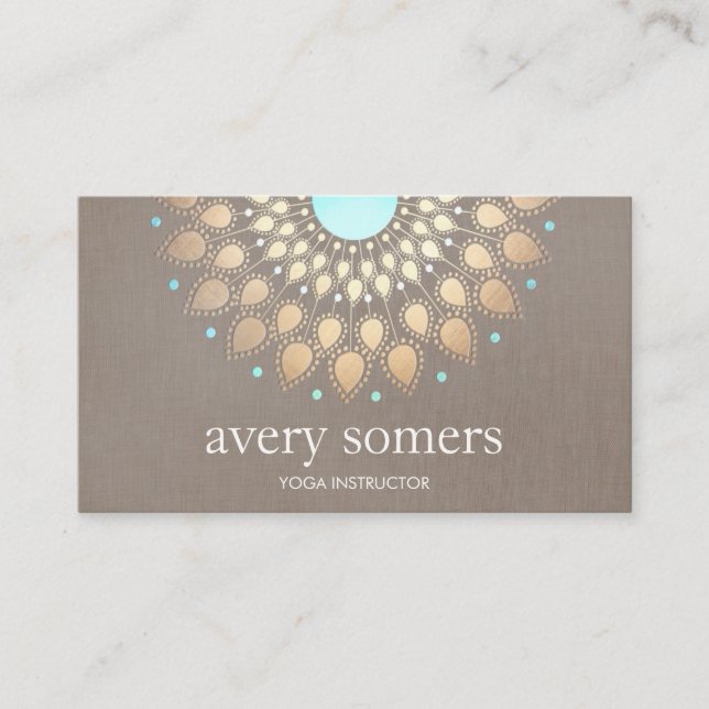 Elegant Gold Ornate Lotus Mandala Taupe Linen Look Business Card (Front)