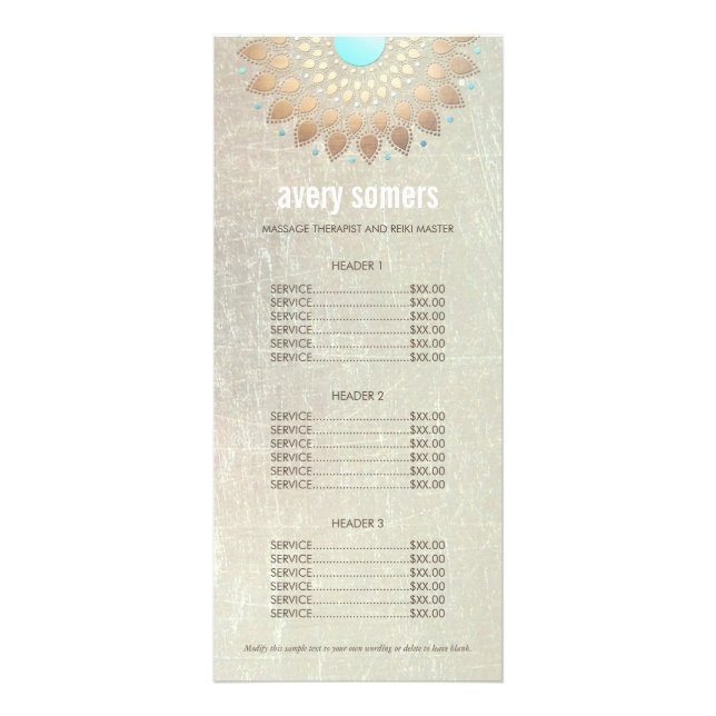 Elegant Gold Ornate Lotus Mandala Wood Price List Rack Card (Front)