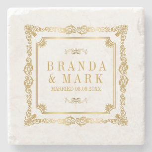 Elegant Gold Ornate Vintage Floral Frame Stone Coaster