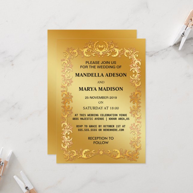 Elegant Gold Ornate Wedding Invite (Front/Back In Situ)