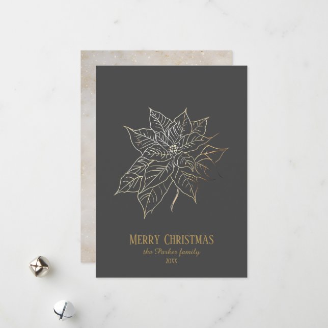 Elegant Gold Outline Poinsettia on Dark Background Holiday Card (Front/Back In Situ)