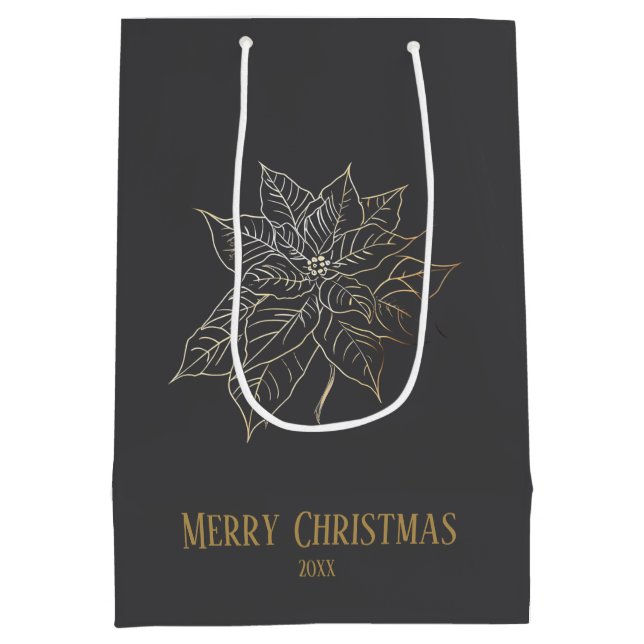 Elegant Gold Outline Poinsettia on Dark Background Medium Gift Bag (Back)