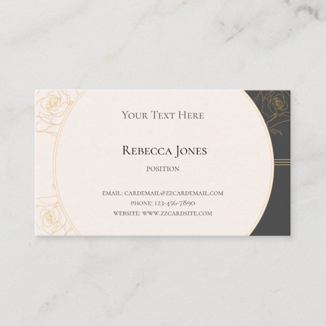 Elegant Gold Outline Rose Monogram Cream Dark Gray Business Card (Front)