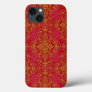 Elegant Gold over Pinkish Red Damask Pattern iPhone 13 Case