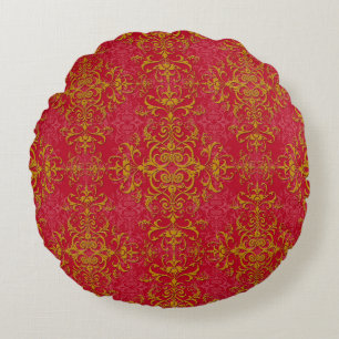 Elegant Gold over Pinkish Red Damask Pattern Round Cushion