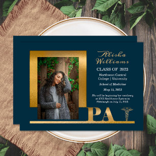 Elegant Gold PA Caduceus 1 Photo Teal Grad  Announcement