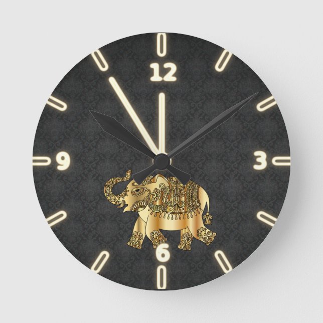 Elegant Gold Paisley Elephant,Black Damask Round Clock (Front)