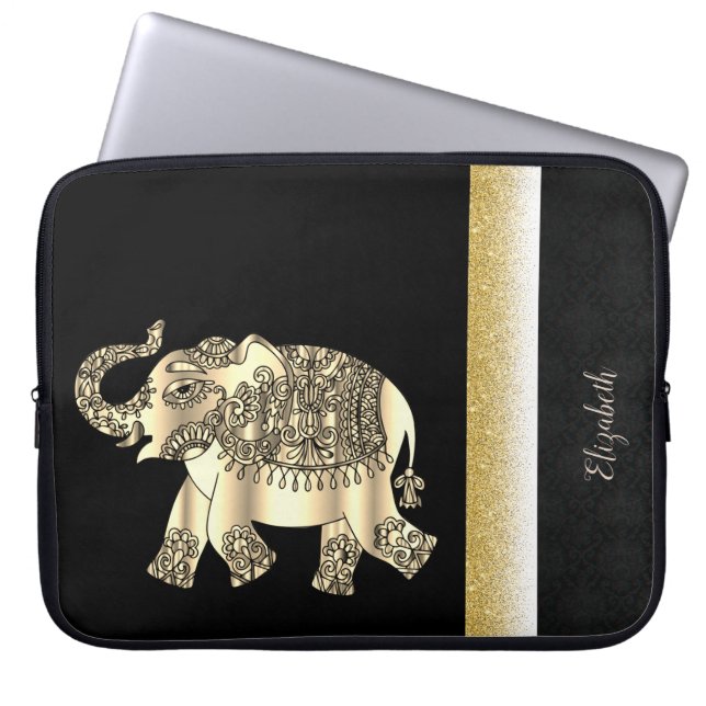 Elegant Gold Paisley Elephant,Damask -Personalised Laptop Sleeve (Front)