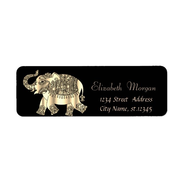 Elegant Gold Paisley Floral Elephant,Black (Front)