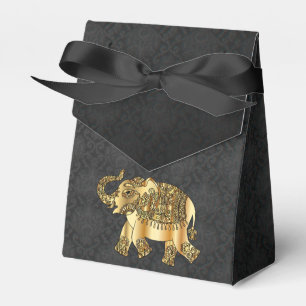 Elegant Gold Paisley Floral Elephant, Black Damask Favour Box