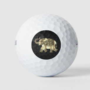 Elegant Gold Paisley Floral Elephant, Black Damask Golf Balls