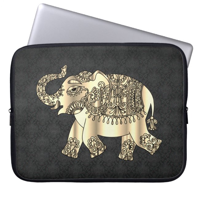 Elegant Gold Paisley Floral Elephant, Black Damask Laptop Sleeve (Front)