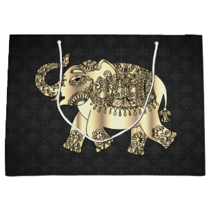Elegant Gold Paisley Floral Elephant, Black Damask Large Gift Bag