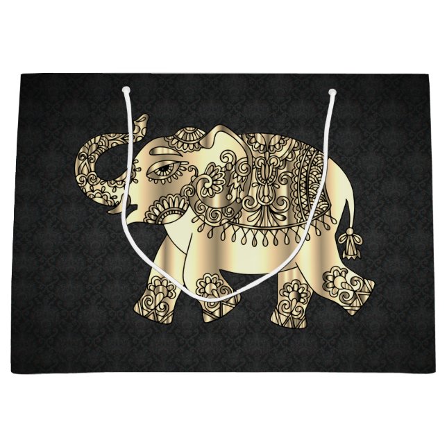 Elegant Gold Paisley Floral Elephant, Black Damask Large Gift Bag (Front)