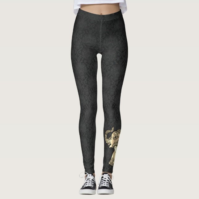 Elegant Gold Paisley Floral Elephant,Black Damask Leggings (Front)