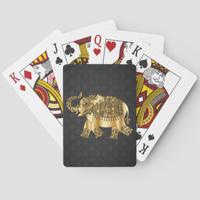 Elegant Gold Paisley Floral Elephant,Black Damask Playing Cards (Back)
