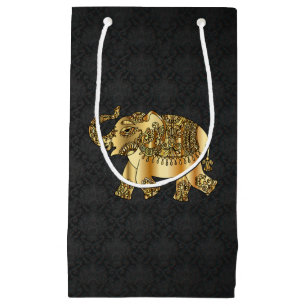 Elegant Gold Paisley Floral Elephant,Black Damask Small Gift Bag