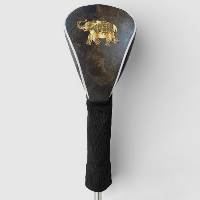 Elegant Gold Paisley Floral Elephant, Leather Look Golf Head Cover (Front)