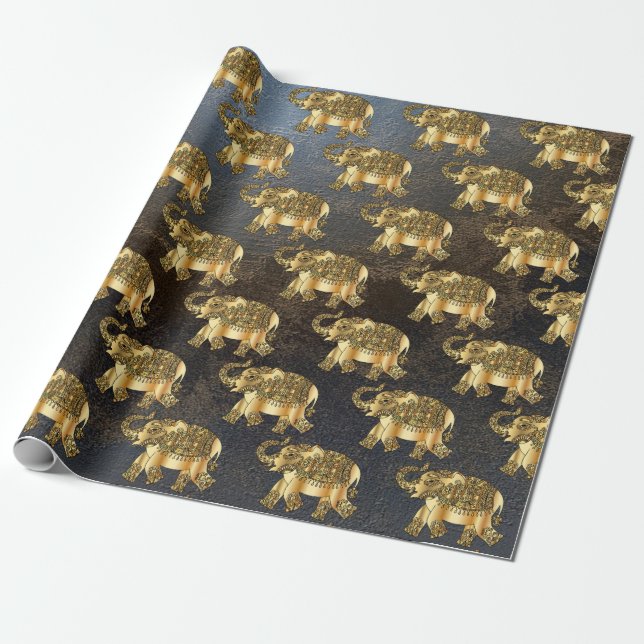 Elegant Gold Paisley Floral Elephant, Leather Look Wrapping Paper (Unrolled)