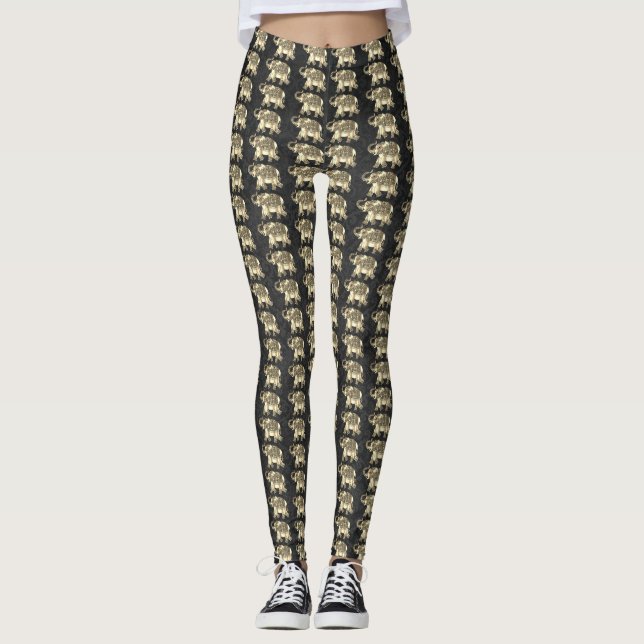 Elegant Gold Paisley Floral Elephants,Black Damask Leggings (Front)