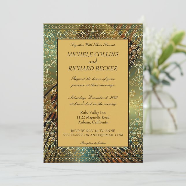 Elegant Gold Paisley Invitation (Standing Front)