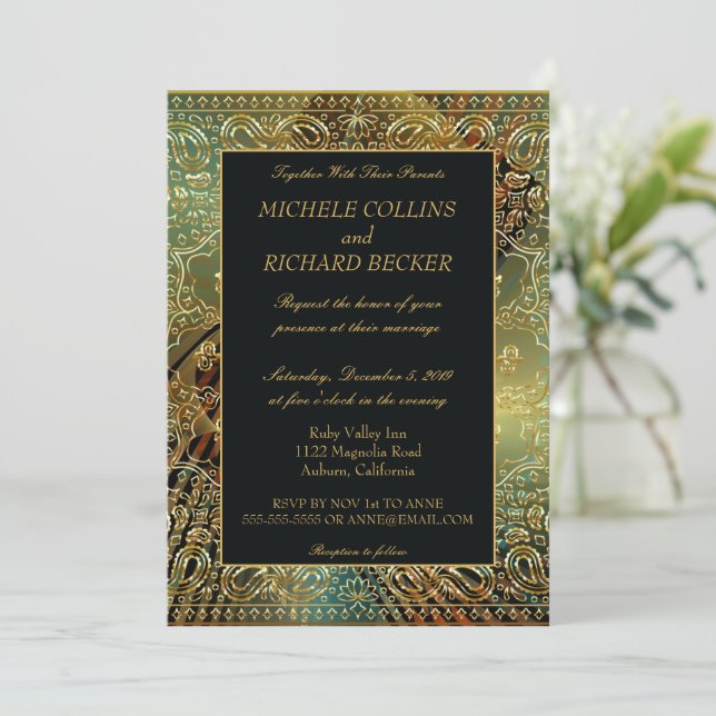 Elegant Gold Paisley Invitation (Standing Front)