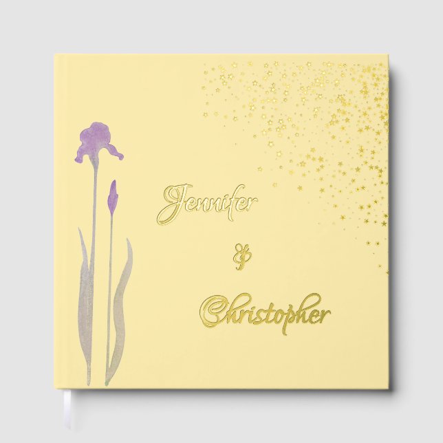 Elegant Gold Pale Purple Watercolor Iris Wedding Guest Book (Front)