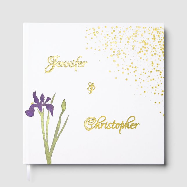 Elegant Gold & Pale Purple Watercolor Iris Wedding Guest Book (Front)