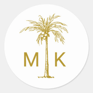 Elegant Gold Palm Tree Monogram Tropical Classic Round Sticker